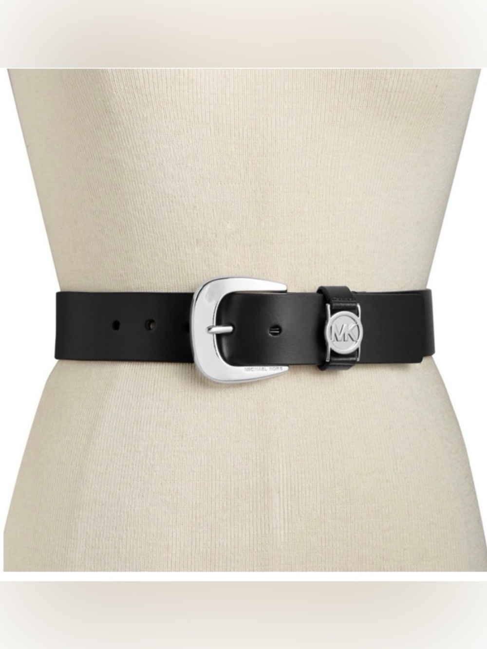 Michael Kors Black Leather Belt with Silver MK Medallion